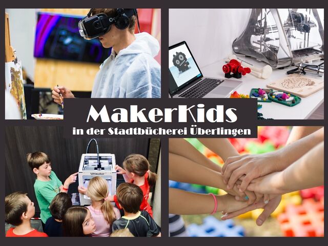 Bild vom Plakat "MakerKids" mit Kindern und Jugendlichen, die MINT-Angebote testen