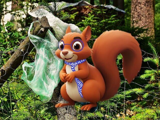 Eichhörnchen vor einem Wald mit Plastikmüll