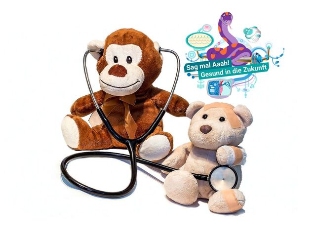 Foto von zwei Teddybären mit einem Stethoskop und dem Logo der MINTmachtage