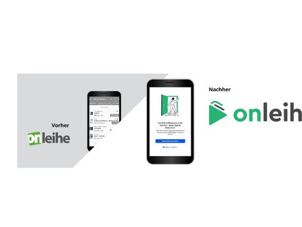 Ankündigung Umstellung auf die neue Plattform der Onleihe / Vorher-/Nachher-Bild des Onleihe-Logos und Smartphone