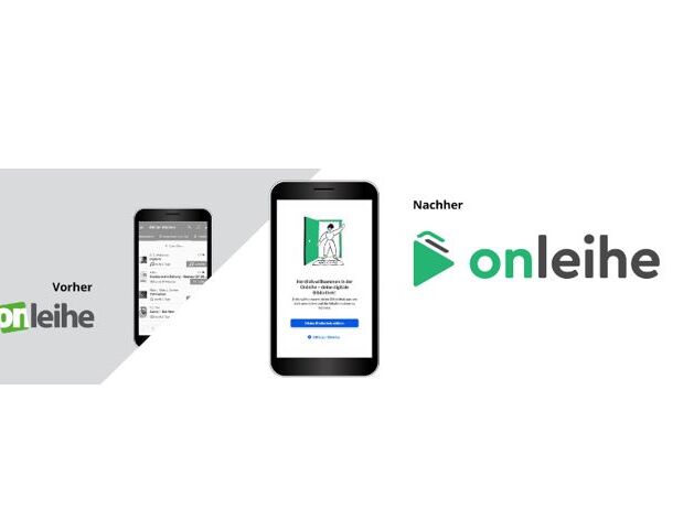 Ankündigung Umstellung auf die neue Plattform der Onleihe / Vorher-/Nachher-Bild des Onleihe-Logos und Smartphone