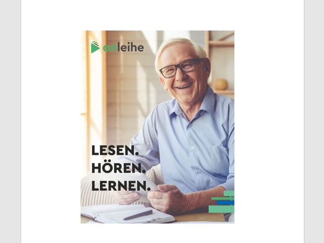 Ein Senior lächelt mit einem e-Reader in der Hand. Ankündigung der neuen Onleihe 3: Lesen. Hören. Lernen