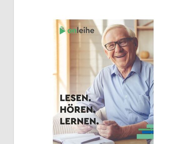 Ein Senior lächelt mit einem e-Reader in der Hand. Ankündigung der neuen Onleihe 3: Lesen. Hören. Lernen