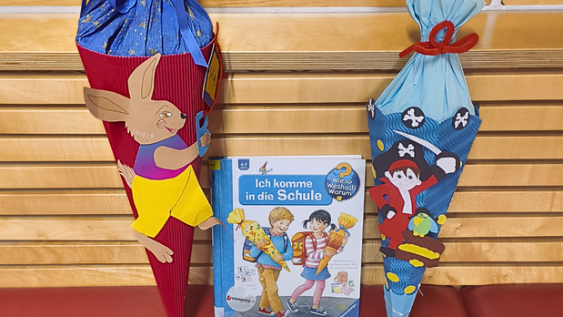 Foto von Schultüten und einem Schulstart-Kinderbuch